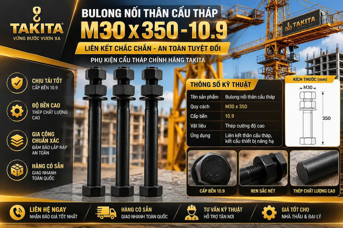 Bulong nối thân cẩu tháp M30 x 350 cấp bền 10.9
